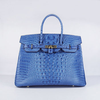 Hermes Birkin 35Cm Crocodile Head Stripe Handbags Dark Blue Gold